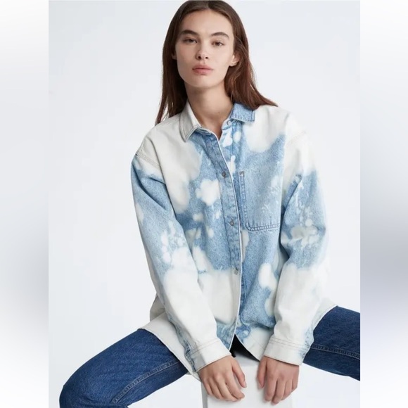 Calvin Klein Jackets & Blazers - Calvin Klein Blue Big Sky Denim Shirt Jacket Shacket Tie Dye Size M